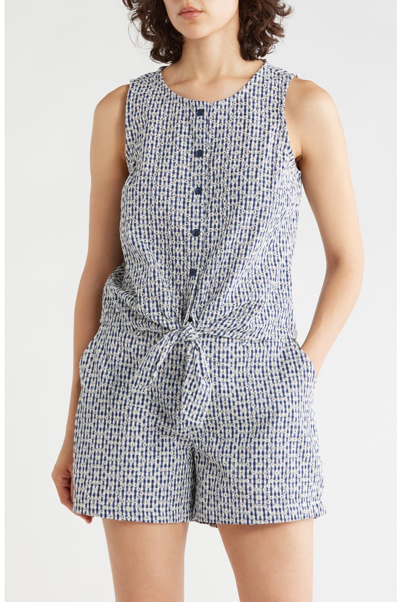 Socialize Eyelet Tie Hem Tank, Main, color, NAVY BLUE CHECK EYELET