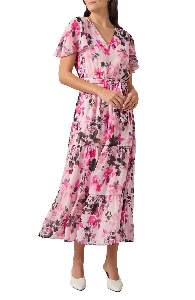 KASPER Flutter Sleeve Smocked Waist Tiered Dress, Main, color, 