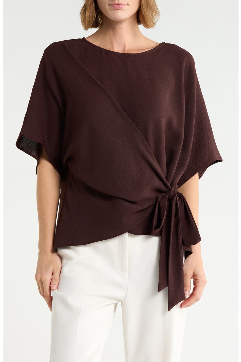 Side Tie Short Sleeve Top, Main, color, BROWN