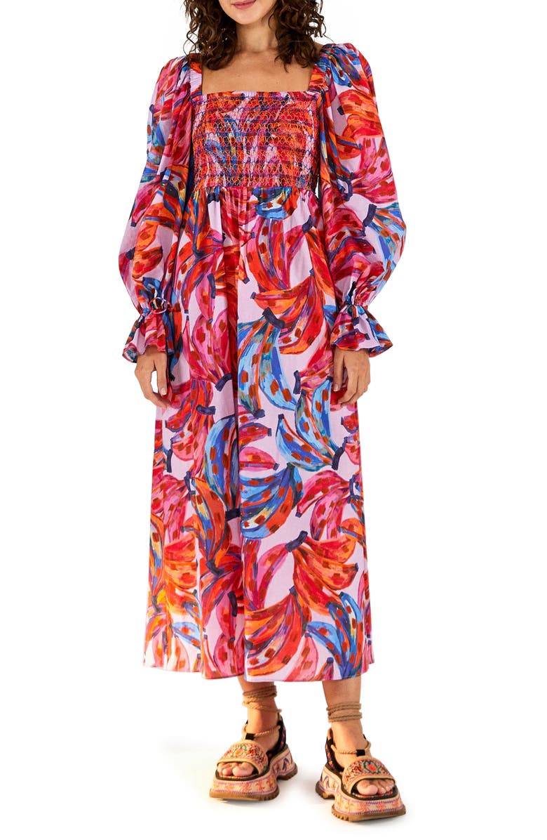 FARM Rio Bananas Smocked Long Sleeve Maxi Dress, Alternate, color, 