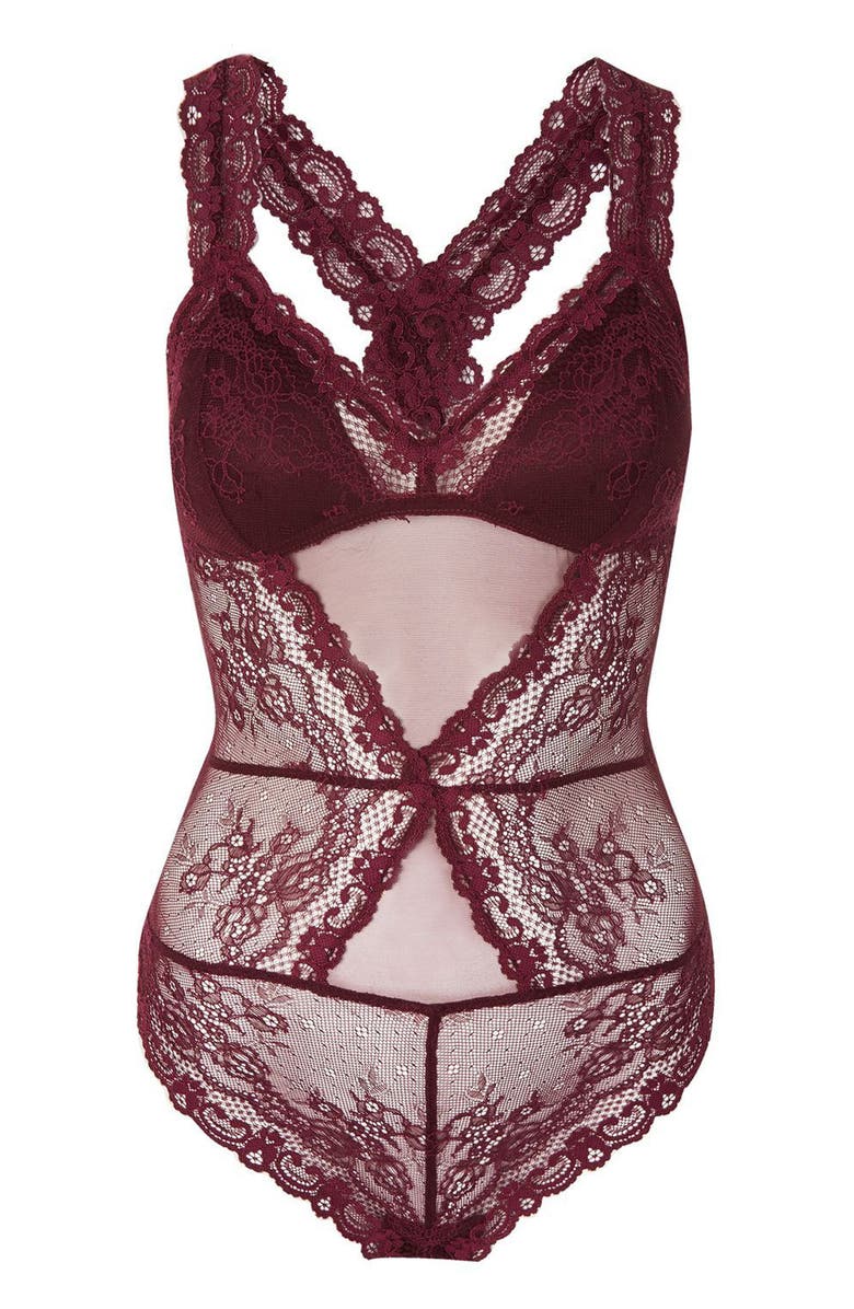 Topshop Cordelia Lace Bodysuit, Alternate, color, Burgundy
