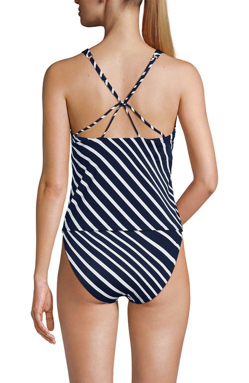 Lands' End Tugless High Neck Strappy Back Tankini Swimsuit Top In Navy/white Variegated Stripe