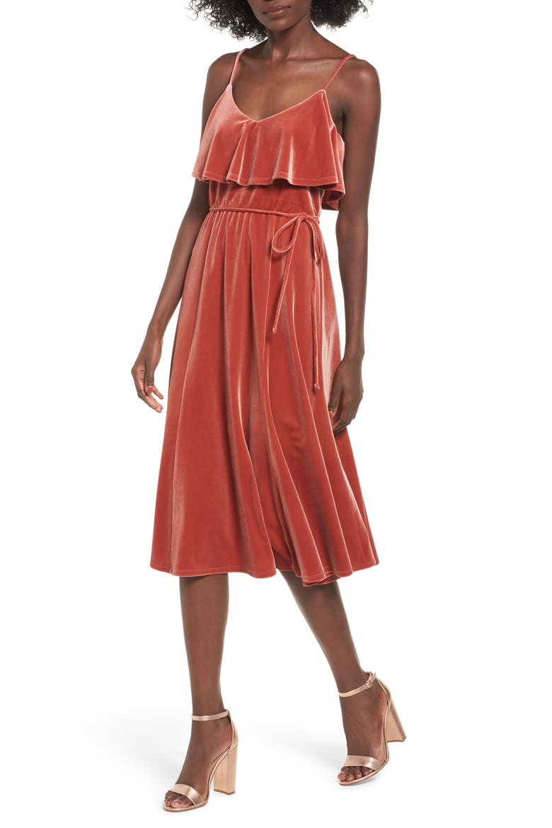 Velvet Midi Dress, Main, color, RUST MARSALA