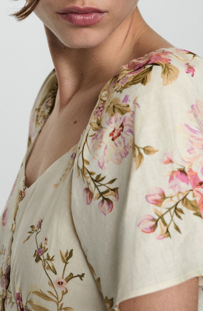 MANGO Floral Flutter Sleeve Linen Blend Midi Dress, Alternate, color, 