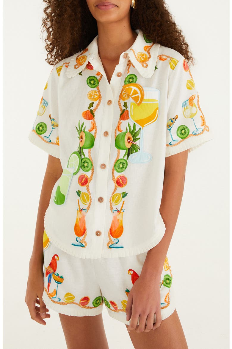 Biricutico Scarf Print Short Sleeve Linen Shirt, Main, color, BIRICUTICO SCARF OFF