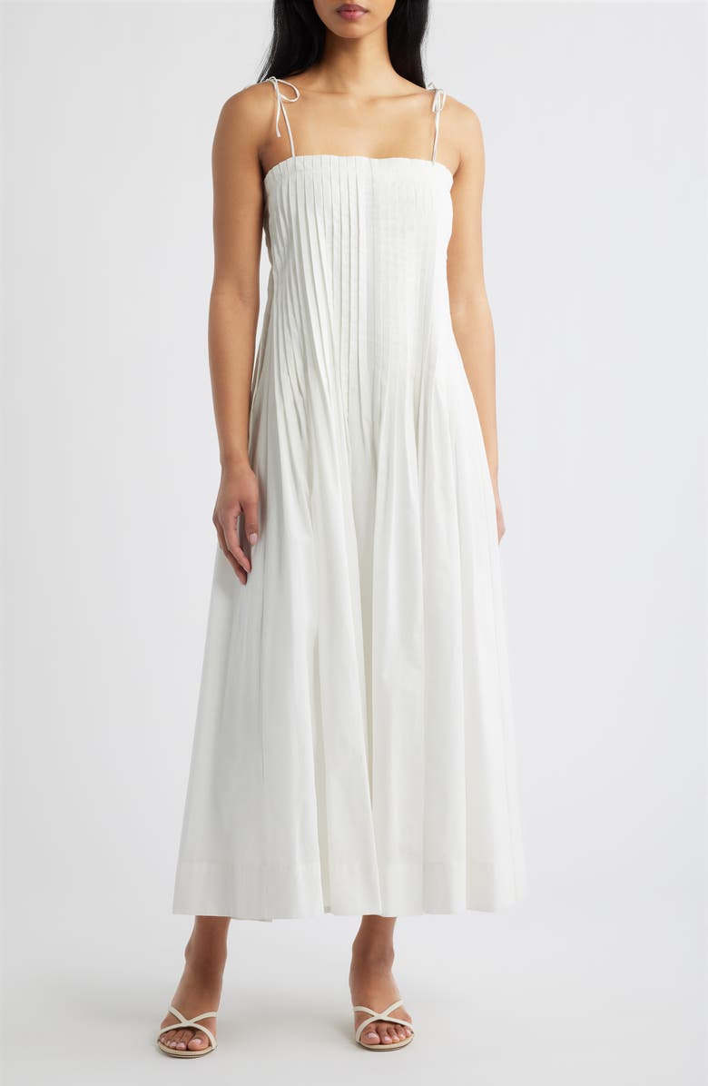 MOON RIVER Pleat Detail Cotton Midi Dress, Main, color, Off White
