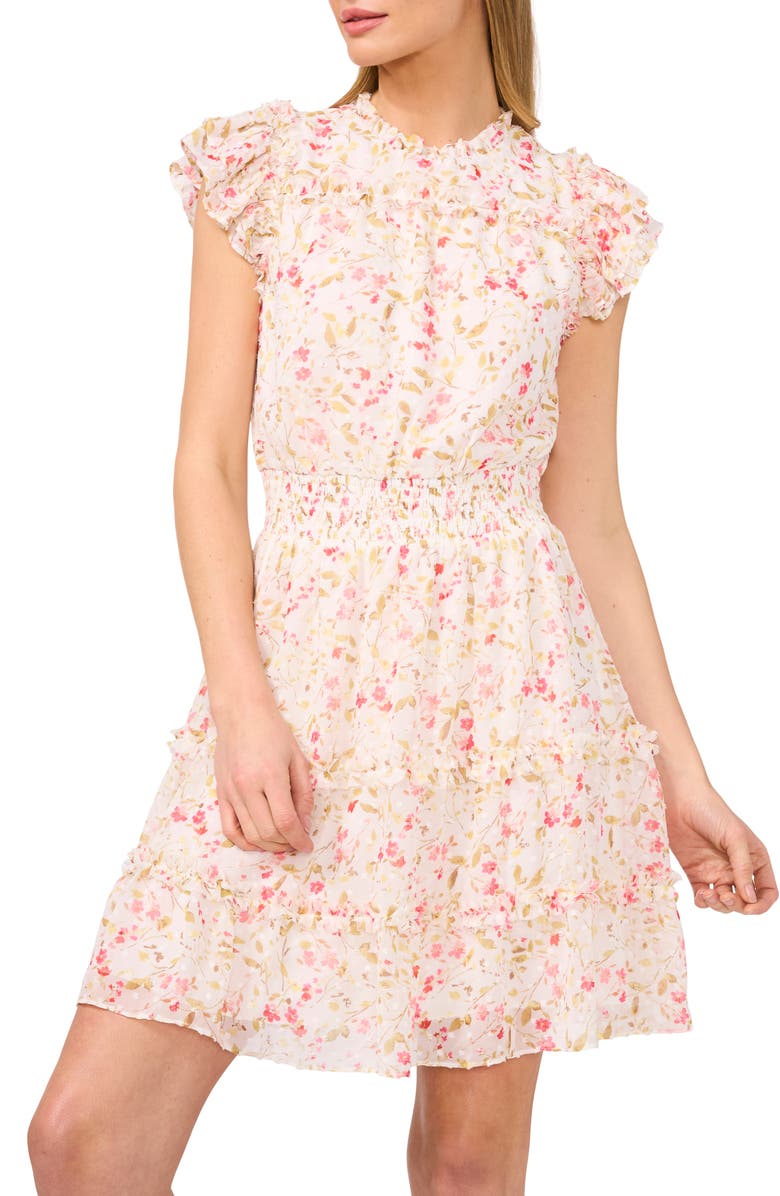 CeCe Floral Smock Waist Dress, Alternate, color, New Ivory