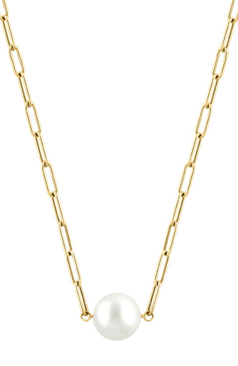 14K Yellow Gold Freshwater Pearl Paperclip Necklace