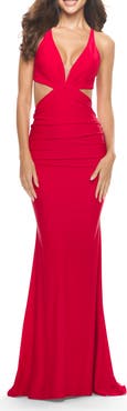 La Femme Prom Dress with Cut Out Sides and Low Open Back