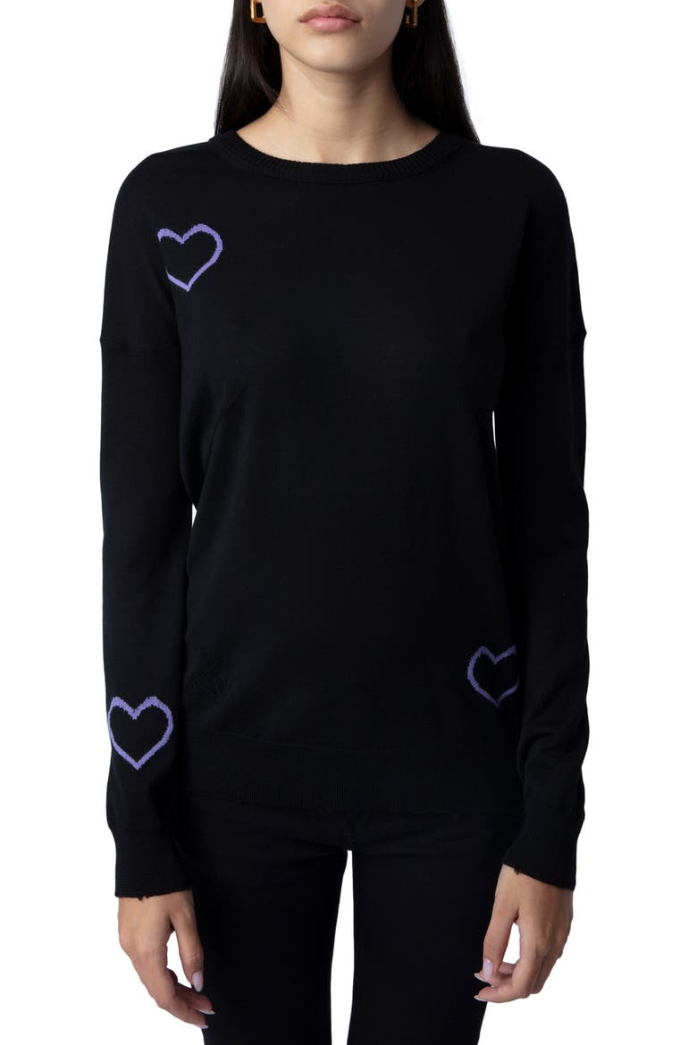 Gaby Intarsia Heart Wool Crewneck Sweater, Main, color, NOIR/ LAVENDE