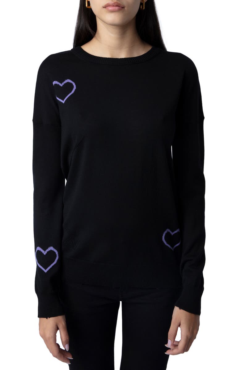 Zadig & Voltaire Gaby Intarsia Heart Wool Crewneck Sweater, Main, color, 