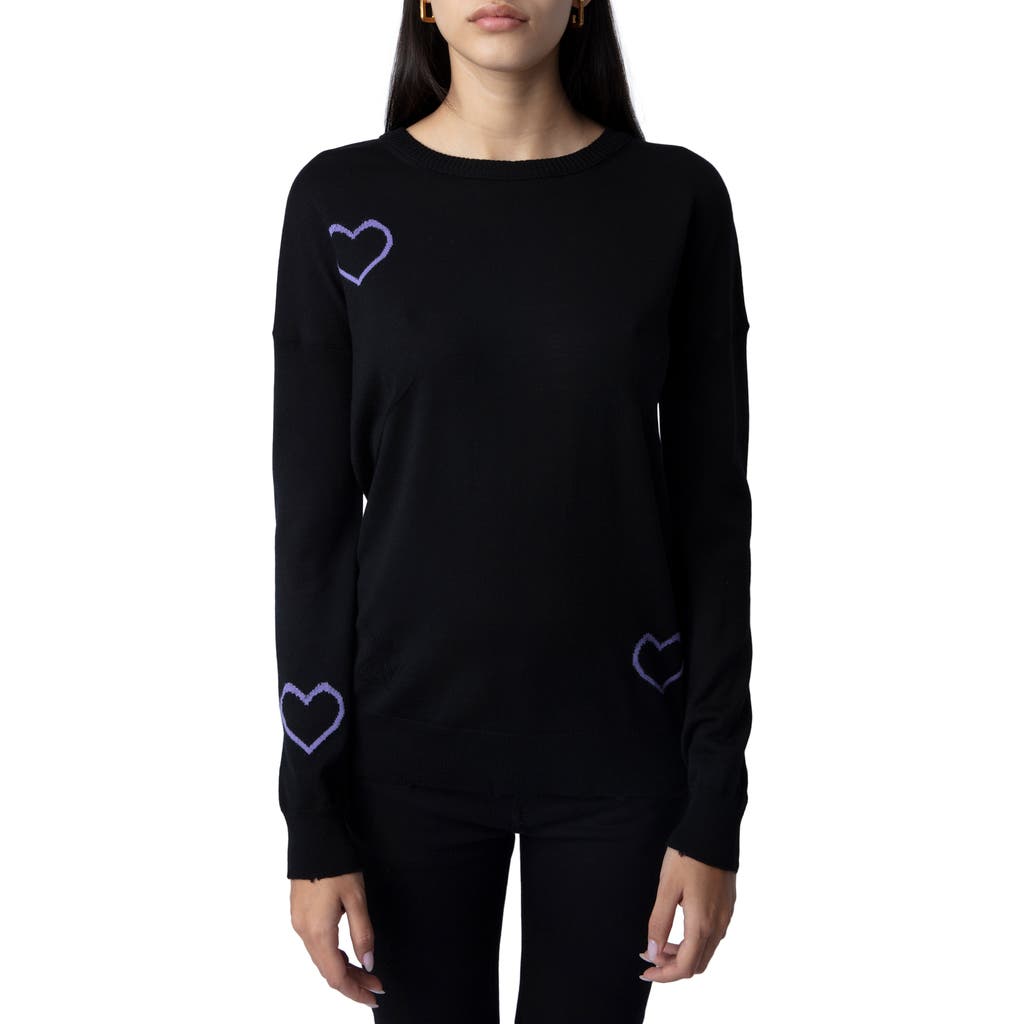 Zadig & Voltaire Gaby Intarsia Heart Wool Crewneck Sweater In Noir/lavende