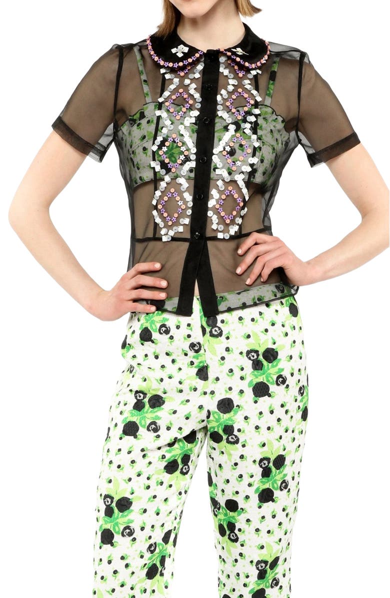 Anna Sui Twinkle Beaded Organza Blouse, Main, color, Black