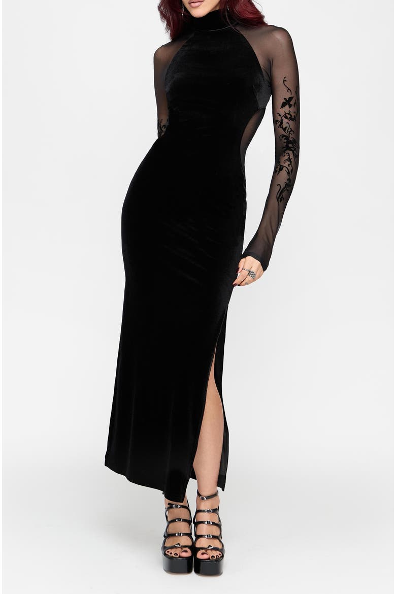 Riven Flock Mesh Mix Gown, Main, color, Black