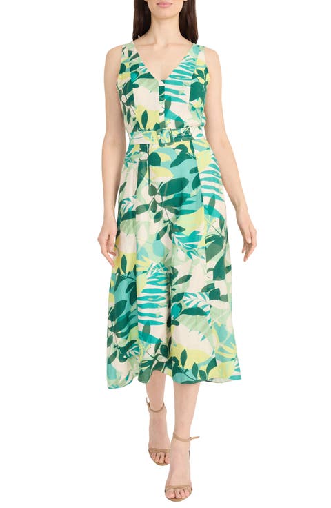 Botanical Print Belted A-Line Dress