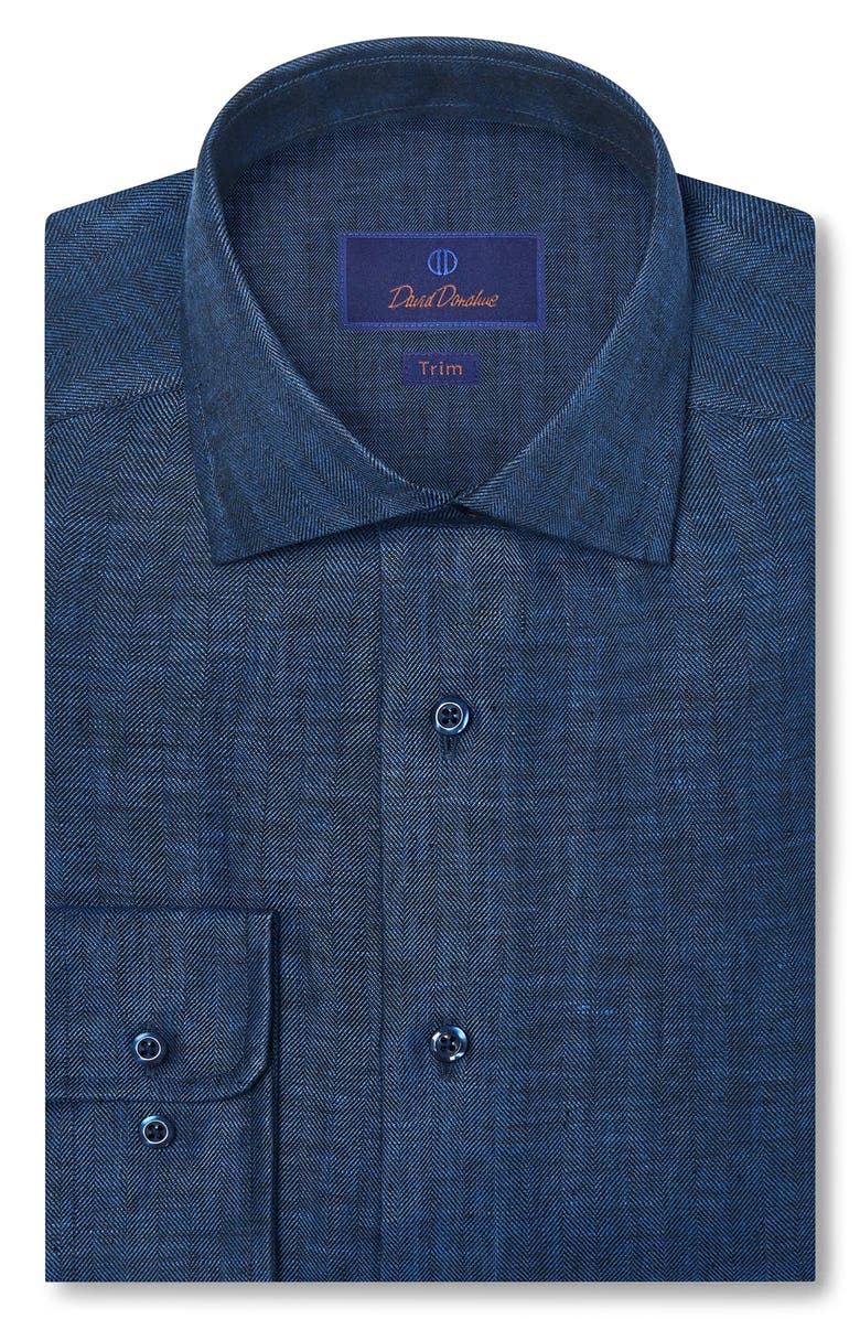 David Donahue Trim Fit Linen Herringbone Dress Shirt, Main, color, Navy