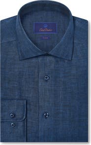David Donahue Trim Fit Linen Herringbone Dress Shirt
