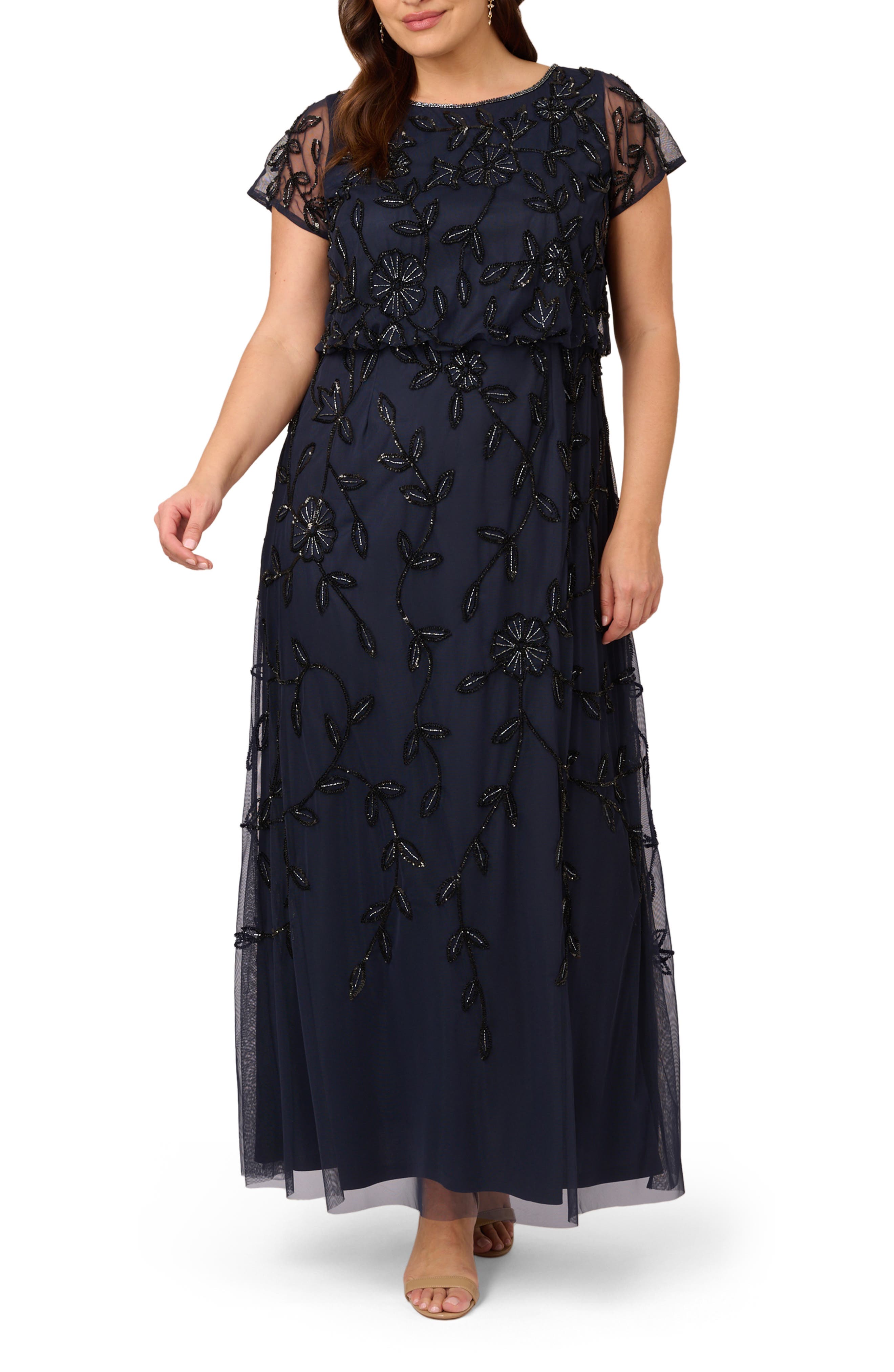 adrianna papell beaded mesh long dress Adrianna Papell Petite Floral Beaded Mesh Long Ball Gown