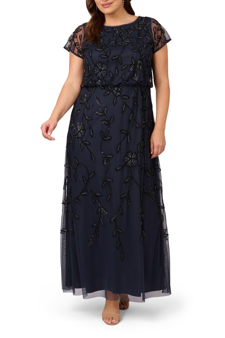 Beaded Mesh Gown, Main, color, NAVY BLACK