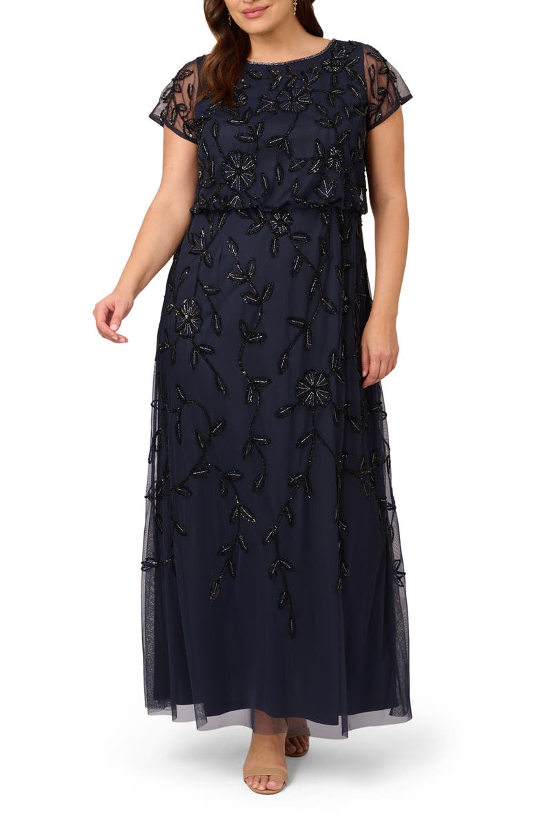 Adrianna Papell Beaded Mesh Gown, Main, color, Navy Black