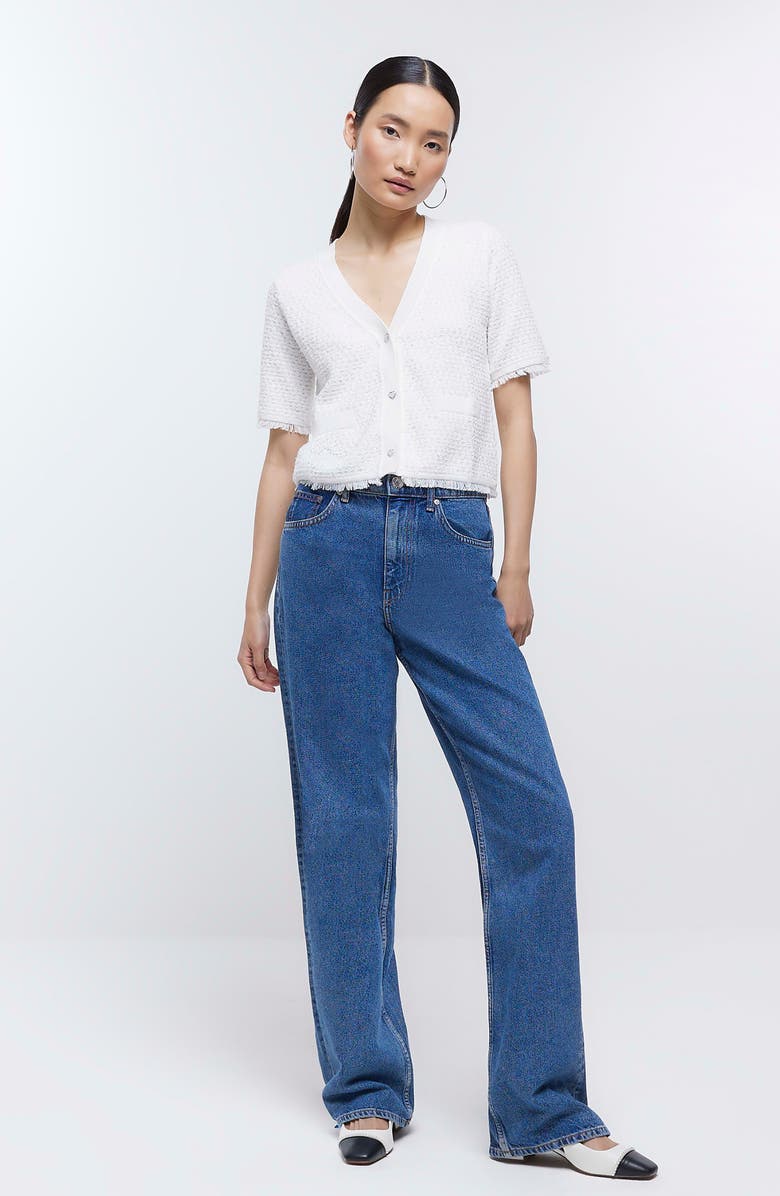 River Island Bouclé Short Sleeve Cardigan, Alternate, color,