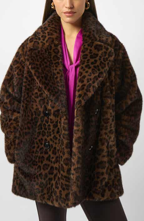 Leopard Print Faux Fur Double Breasted Coat