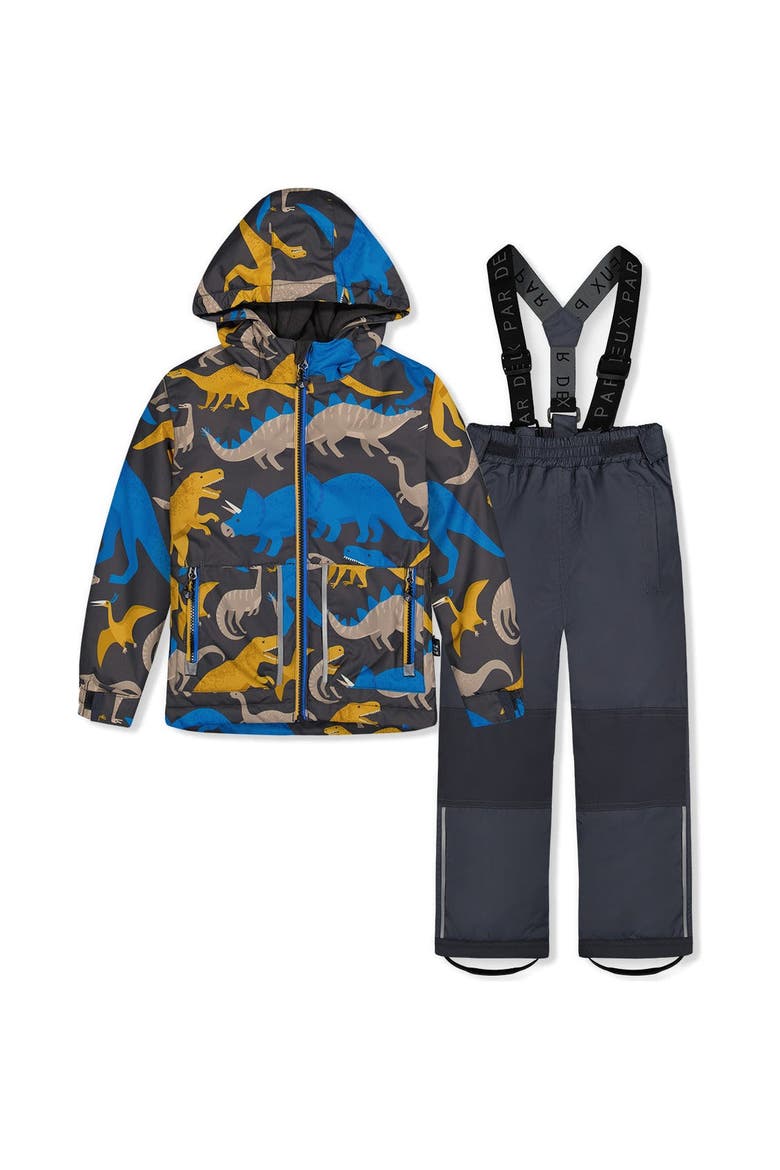 Dinosaur Chill Lightweight Jacket & Foot Strap Pants Two Piece Snowsuit, Main, color, Grey and Blue Dinosaur Print