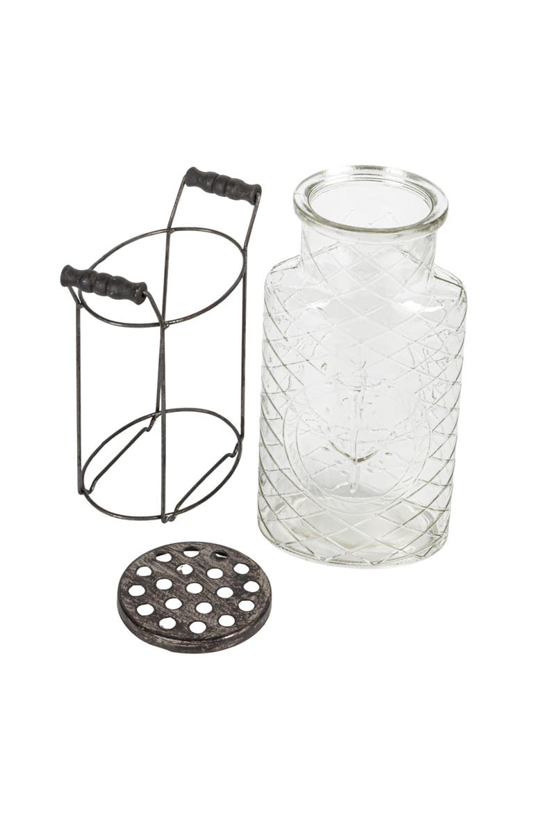 Glass vase in Metal Stand with Metal Frog Lid, Alternate, color, Clear