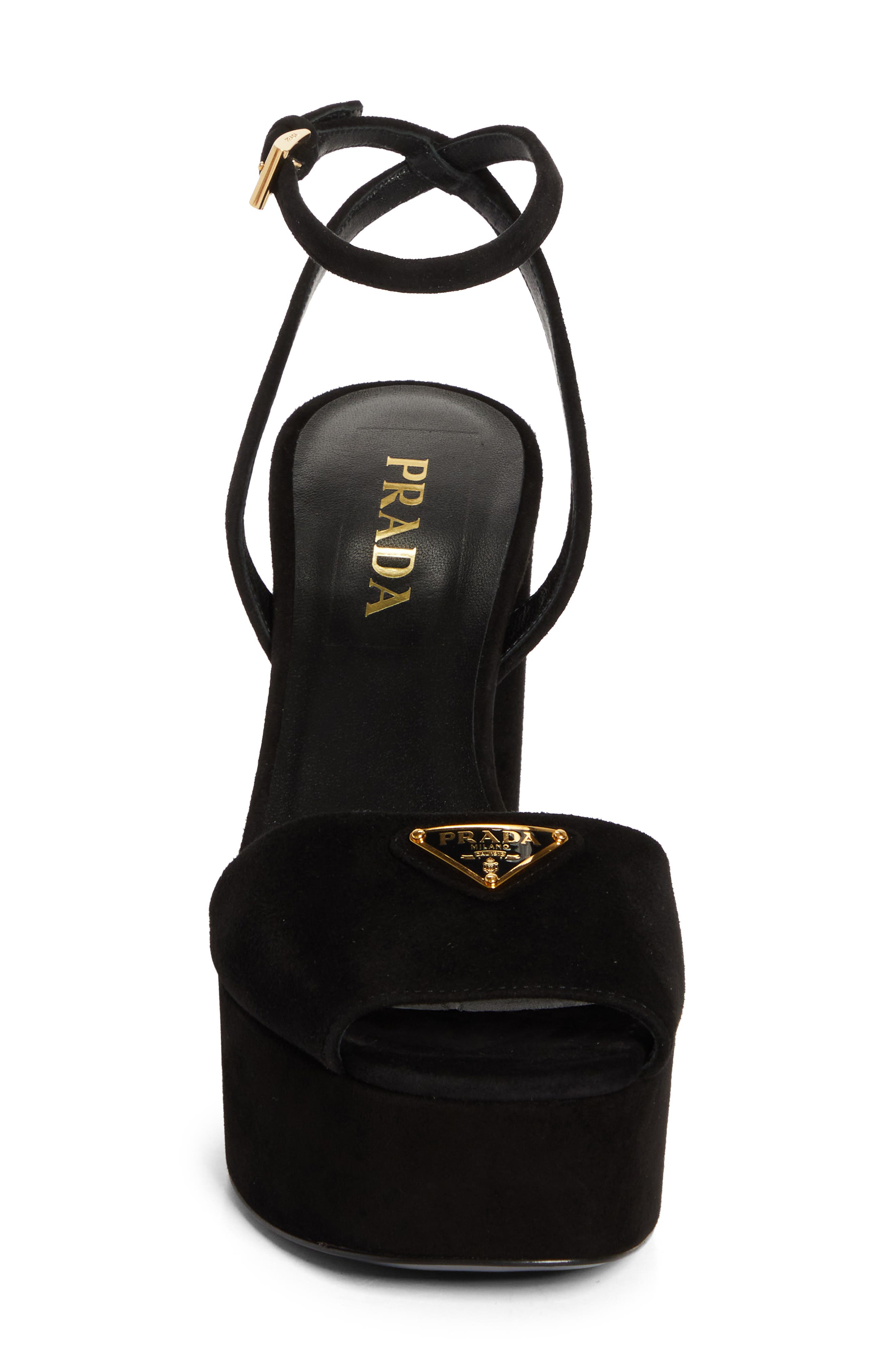 Prada Triangle Logo Ankle Strap Plaform Sandal, Alternate, color, Nero