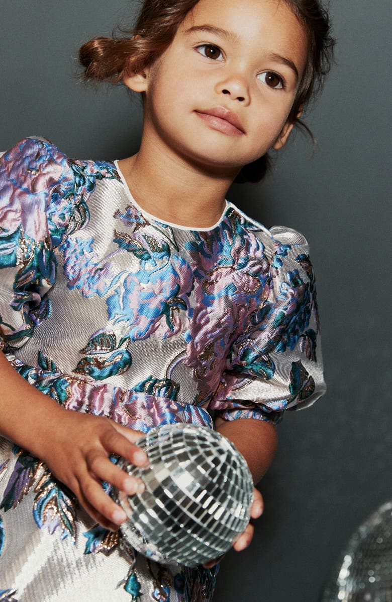 NEXT Kids' Floral Metallic Jacquard Puff Sleeve Dress, Alternate, color, 