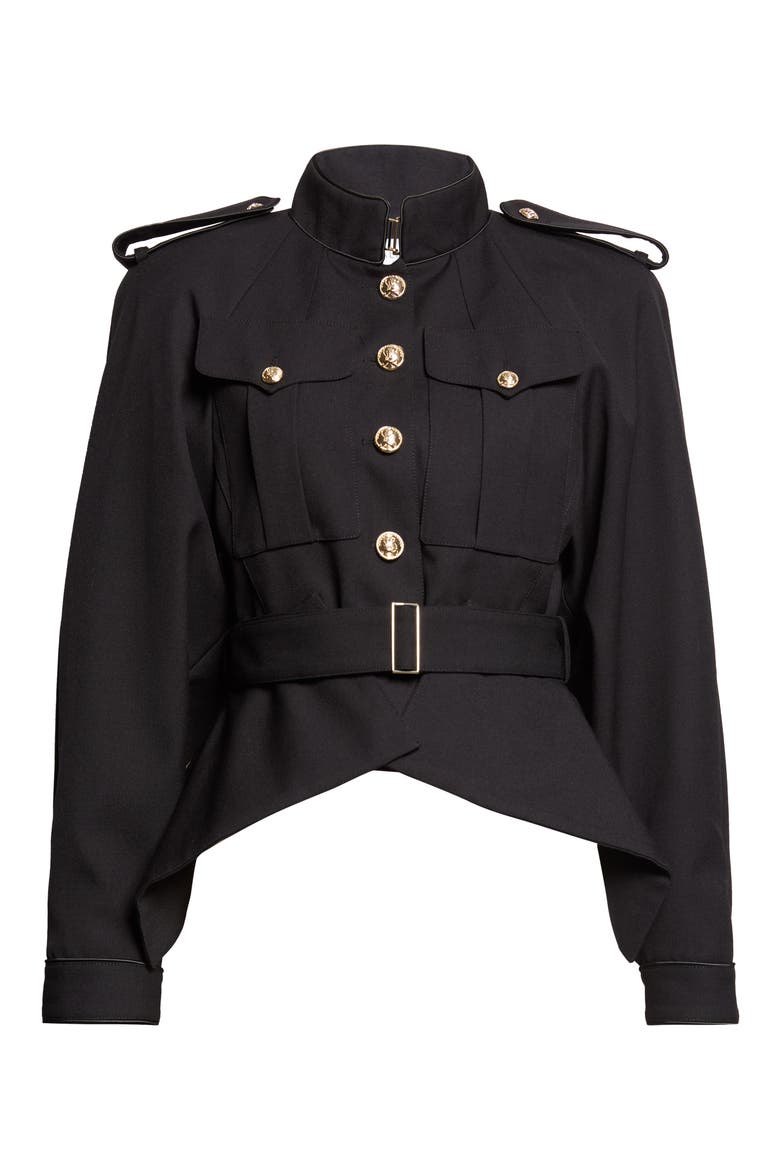 Belted Virgin Wool Gabardine Crop Jacket, Main, color, 0PA BLACK