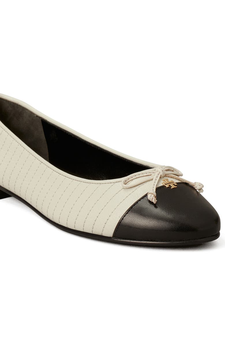 Tory Burch Quilted Cap Toe Ballet Flat, Alternate, color, Light Cream / Perfect Black