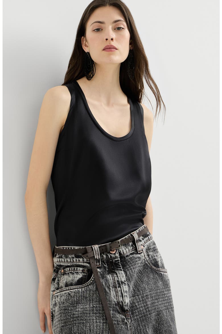 Stretch silk satin top, Alternate, color, Black