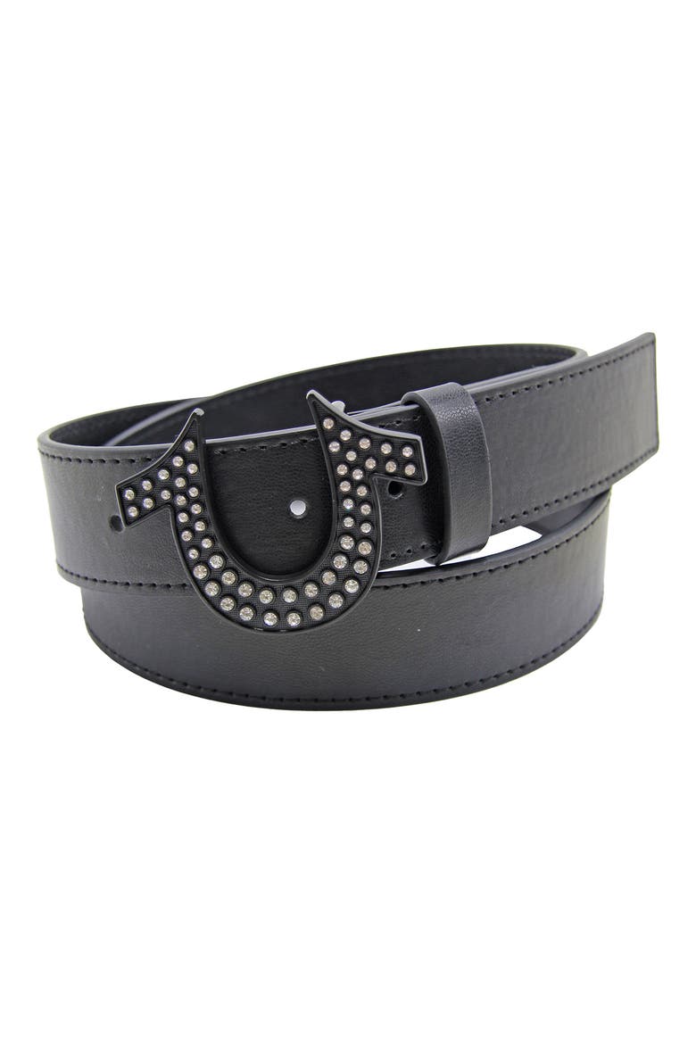 Rhinestone Logo Buckle Leather Belt, Main, color, BLACK