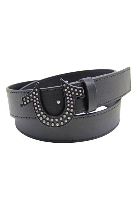 Rhinestone Logo Buckle Leather Belt