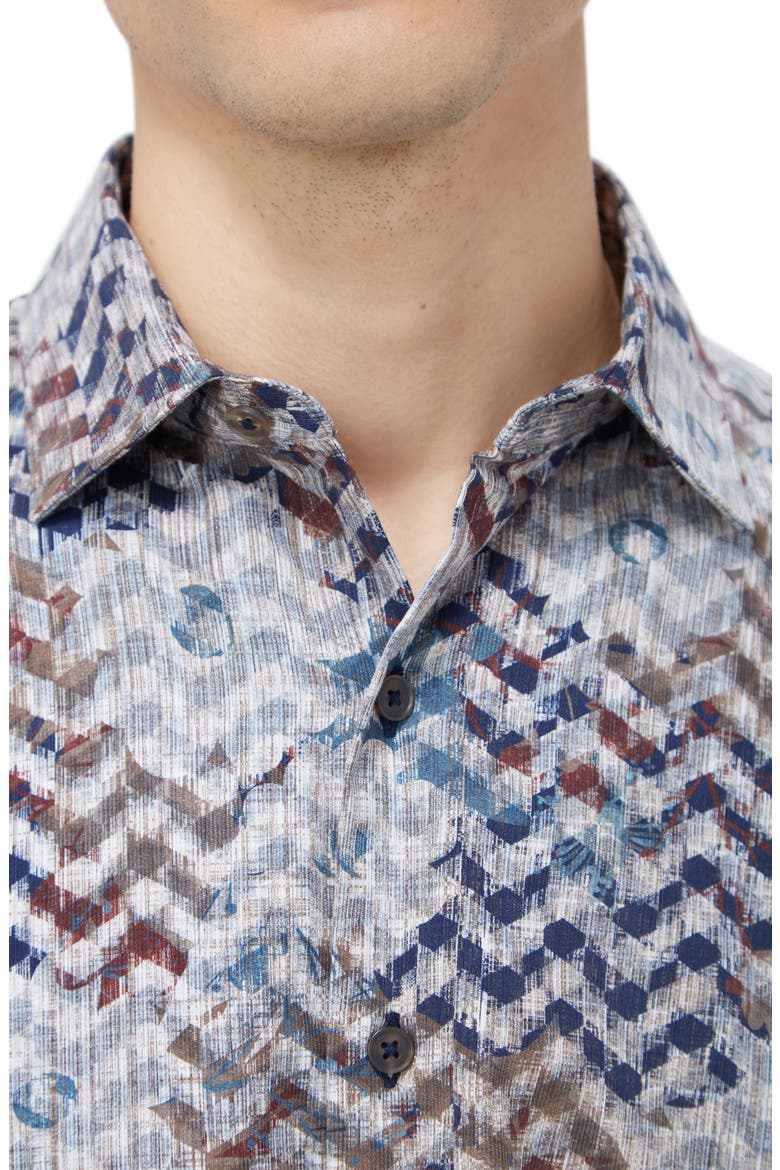 Axel Shaped Fit Floral Chevron Print Stretch Button-Up Shirt, Alternate, color, CARAMEL