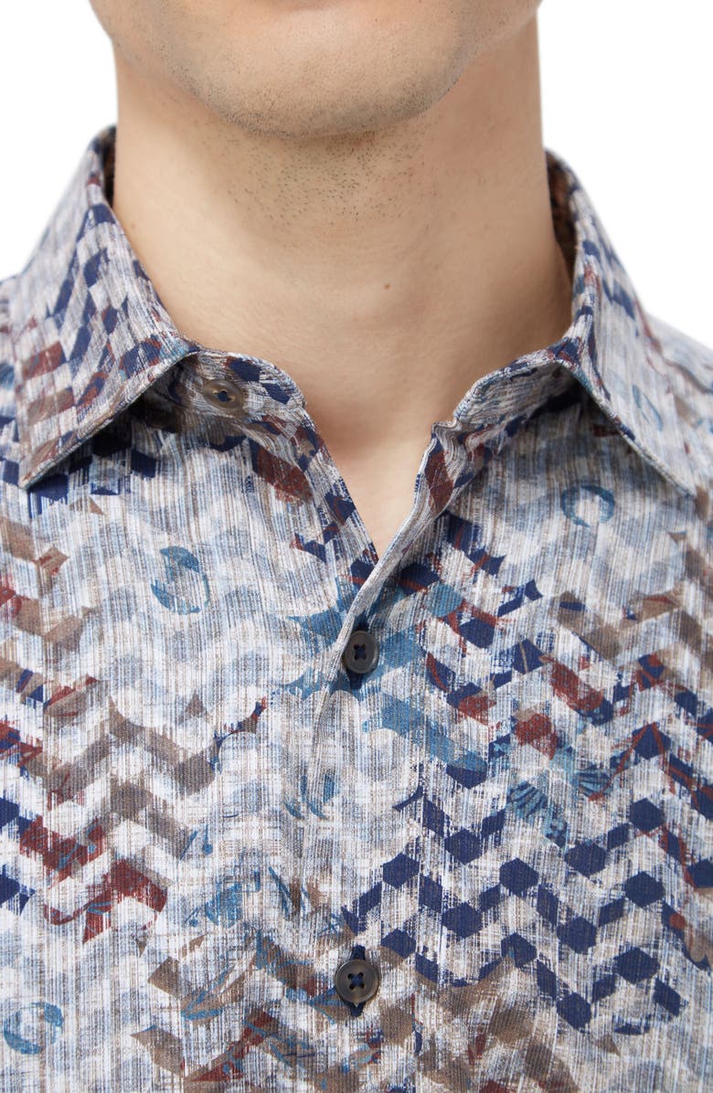 Bugatchi Axel Shaped Fit Floral Chevron Print Stretch Button-Up Shirt, Alternate, color, Caramel