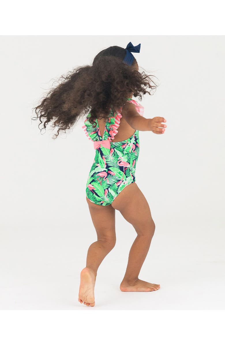 RuffleButts Girls V-Back UPF50+ One Piece, Alternate, color, Flamingo Frenzy