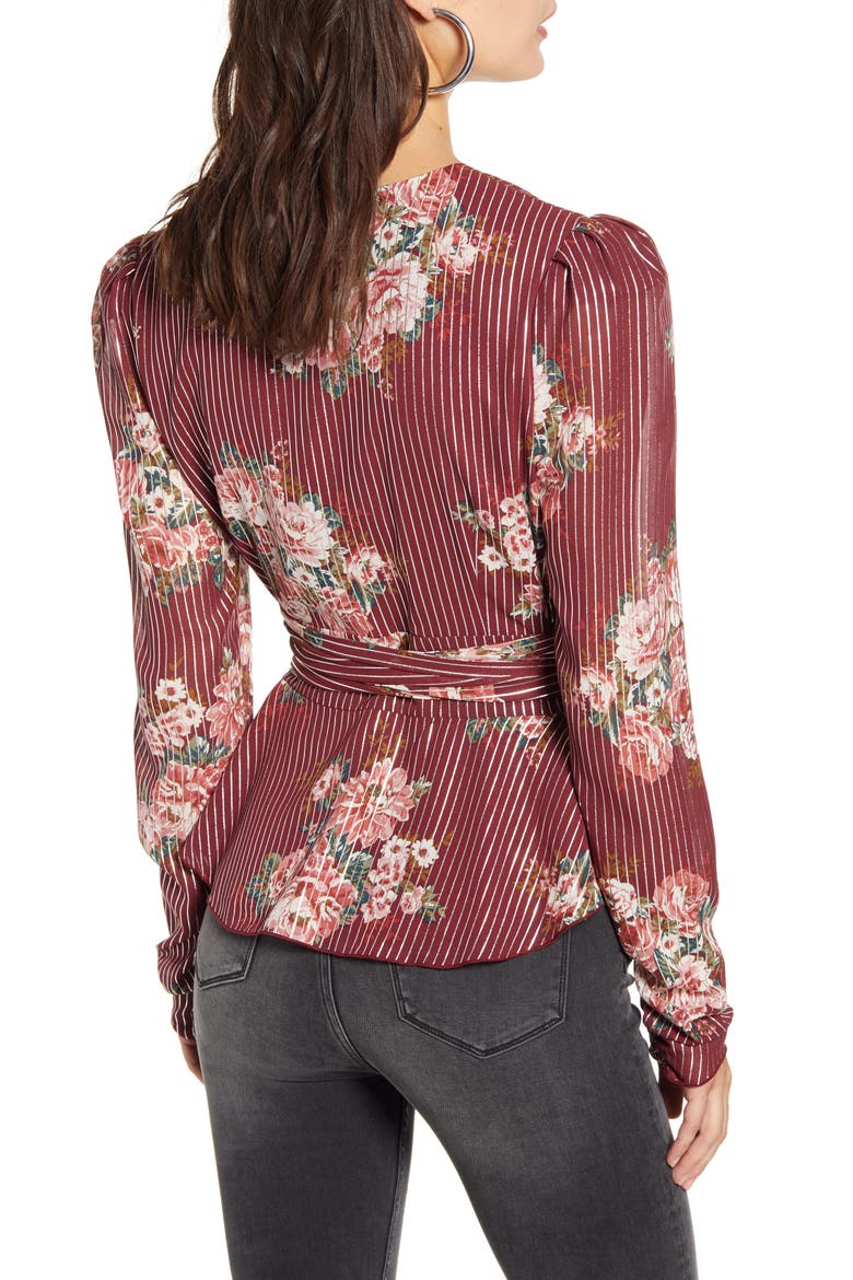 Montauk Floral Metallic Stripe Tie Waist Blouse, Alternate, color, BURGUNDY FLORAL