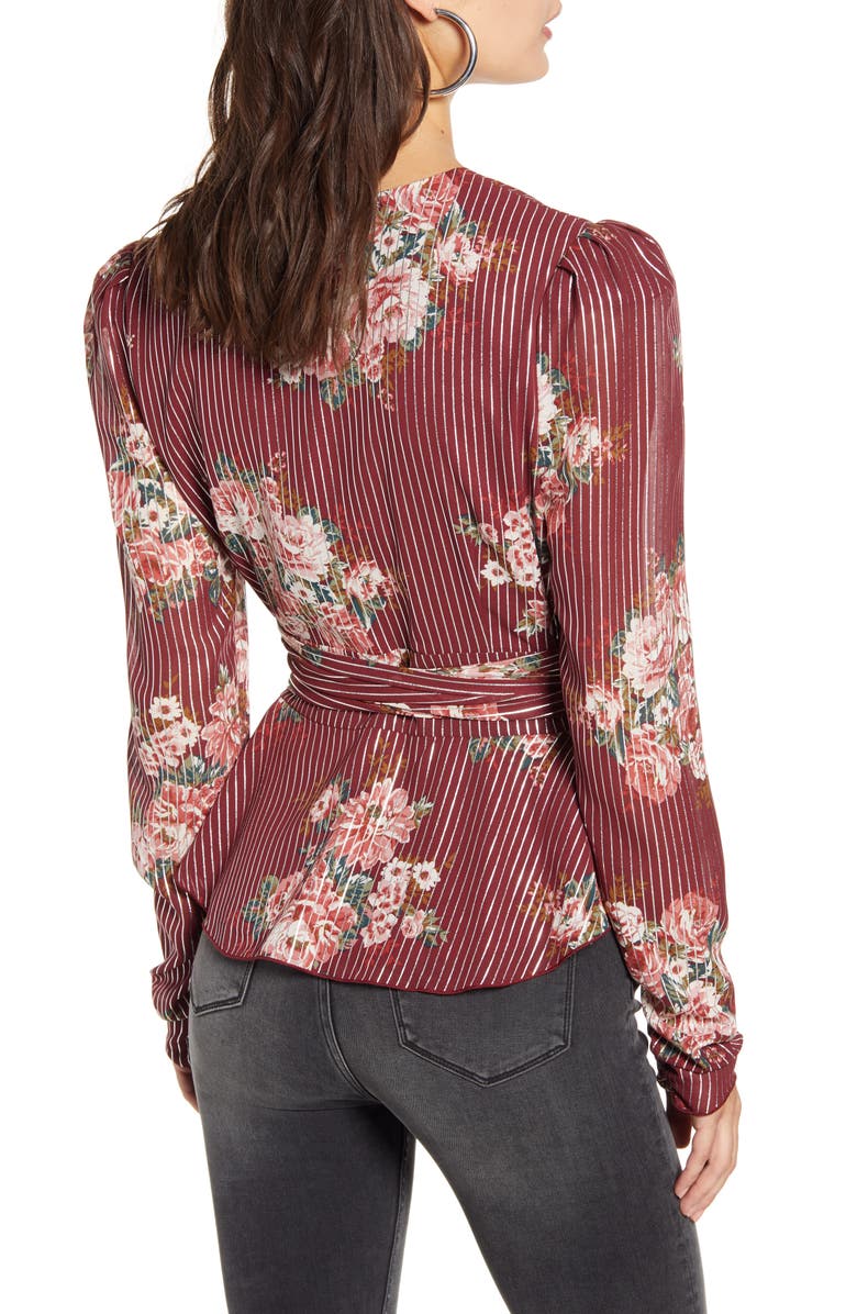 WAYF Montauk Floral Metallic Stripe Tie Waist Blouse, Alternate, color, 