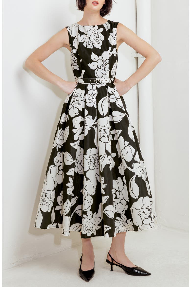 Print Belted Sleeveless Maxi Dress, Alternate, color, BLACK