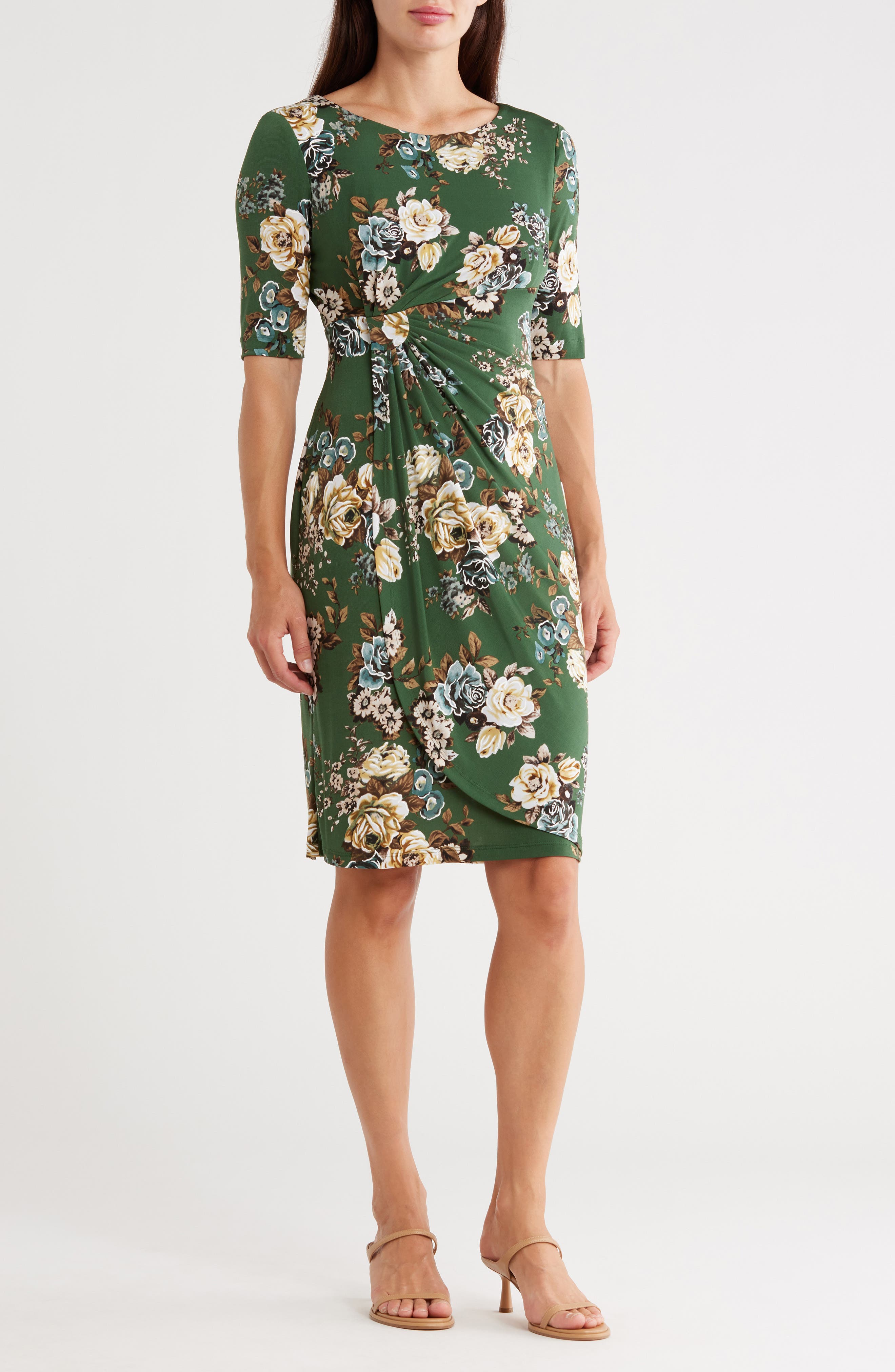 Connected Apparel Floral 3/4 Sleeve Faux Wrap Dress