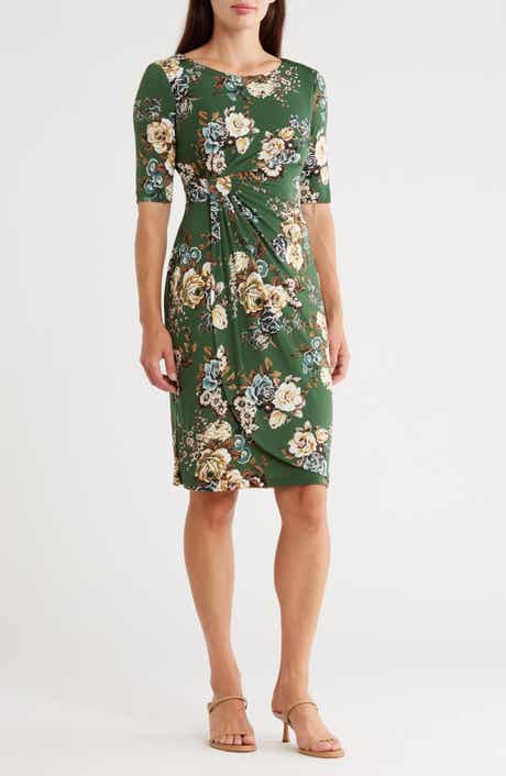 Connected Apparel Floral 3/4 Sleeve Faux Wrap Dress