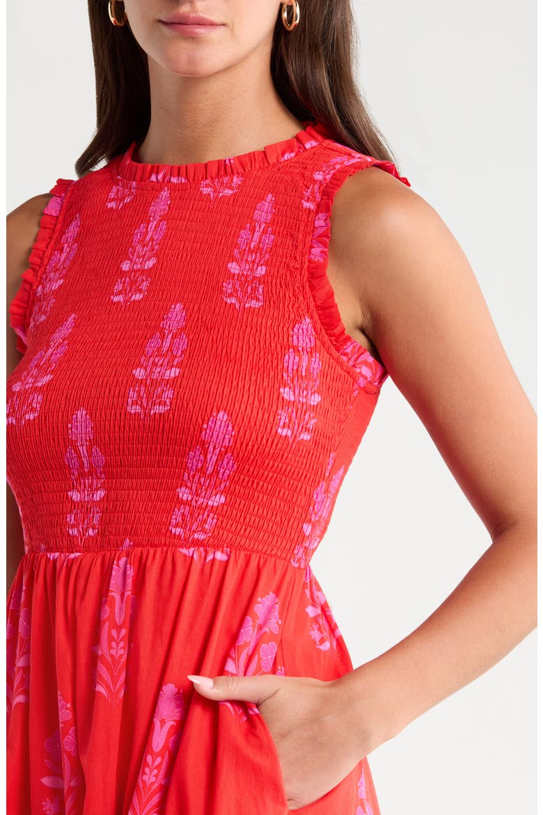 Cecil Print Smocked Sleeveless Maxi Dress, Alternate, color, RED-FUCHSIA