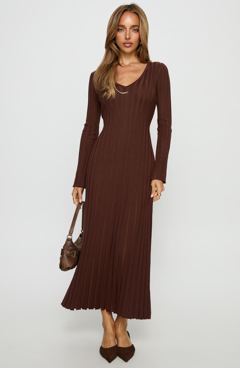 Princess Polly Gratuita Long Sleeve Rib Maxi Sweater Dress, Alternate, color, Chocolate