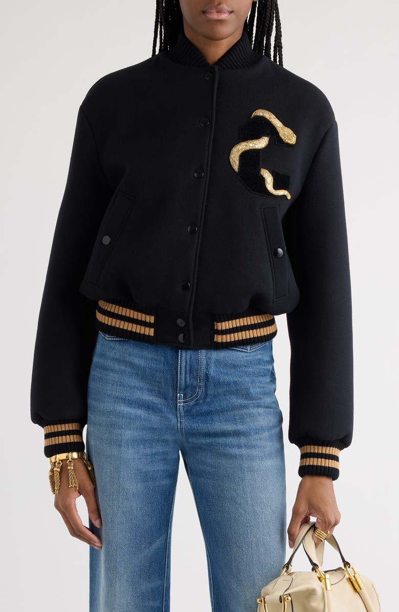 Chloé Snake Capsule Wool Blend Varsity Bomber Jacket, Main, color,