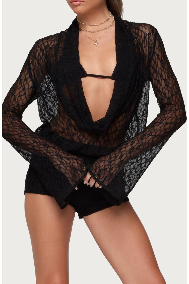 Lera Lacey Sheer Mesh Top, Main, color, BLACK