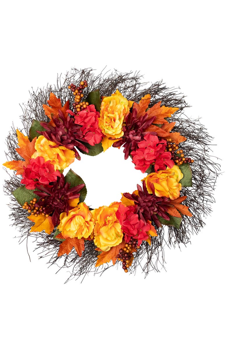 Northlight Peony and Mum Artificial Fall Harvest Wreath - 24", Main, color, Red