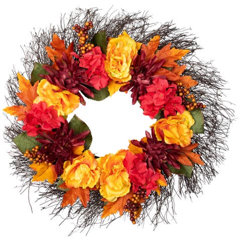 Peony and Mum Artificial Fall Harvest Wreath - 24"