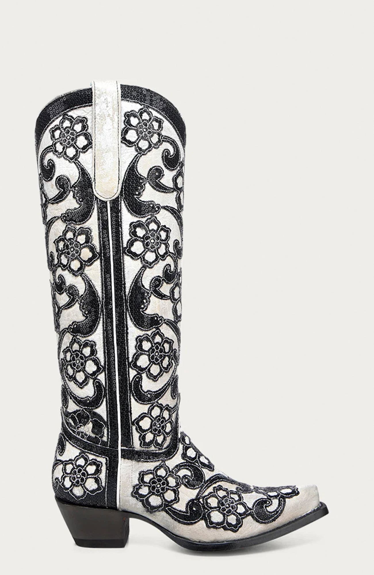 Cowhide Embroidered Overlay Floral Snip Toe Tall Boots, Alternate, color, White/Black